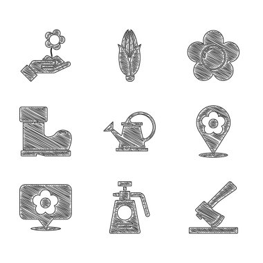 Set Watering can, Garden sprayer for fertilizer, Wooden axe, Location with flower, Waterproof rubber boot, Flower and Hand holding icon. Vector