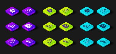 Set Checklist with 24 hours service, Information, Settings in the hand, Envelope setting, and Speech bubble text Help icon. Vector