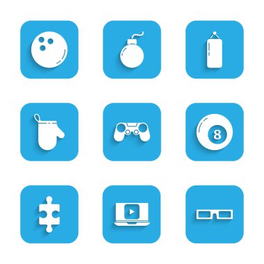 Set Gamepad, Online play video, Cinema glasses, Billiard pool snooker ball, Piece of puzzle, Oven glove, Punching bag and Bowling icon. Vector