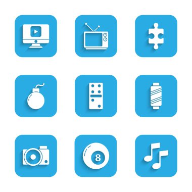 Set Domino, Billiard pool snooker ball, Music note, tone, Sewing thread spool, Photo camera, Bomb ready explode, Piece of puzzle and Online play video icon. Vector