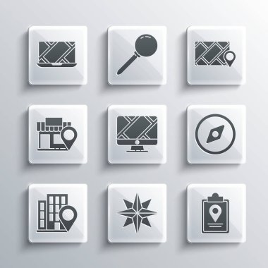 Set Wind rose, Folded map with location marker, Compass, Monitor, Location house, store, City navigation and icon. Vector