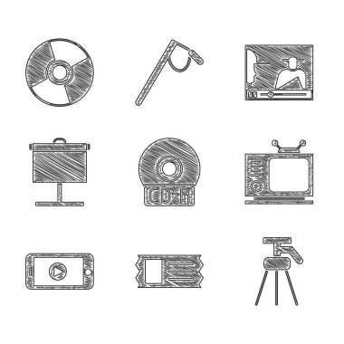 Set CD or DVD disk, Cinema ticket, Tripod, Retro tv, Online play video, Projection screen, and icon. Vector