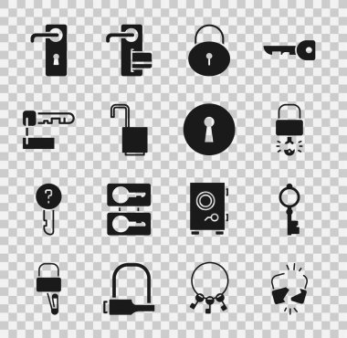 Set Broken or cracked lock, Old key, Key broke inside of padlock, Lock, Open, Marked, Door handle and Keyhole icon. Vector
