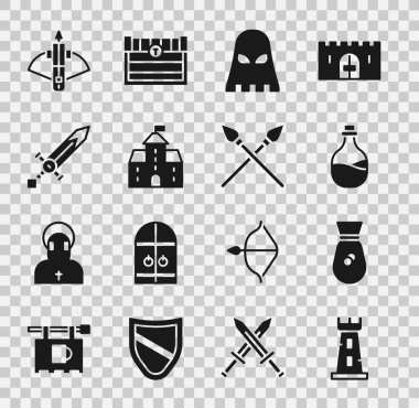 Set Castle tower, Old money bag, bottle of wine, Executioner mask, Castle, fortress, Medieval sword, Battle crossbow with arrow and Crossed medieval spears icon. Vector