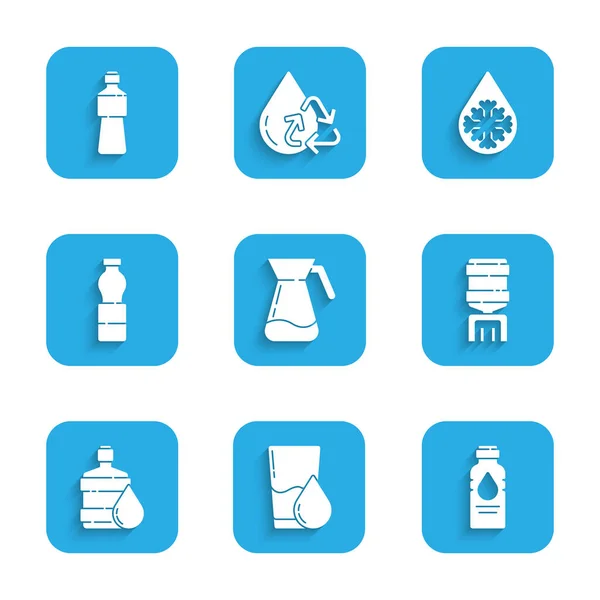 Set Krug Glas mit Wasser, Glas, Flasche, Wasserkühler, Große Flasche sauber, Auftauen und Symbol. Vektor — Stockvektor