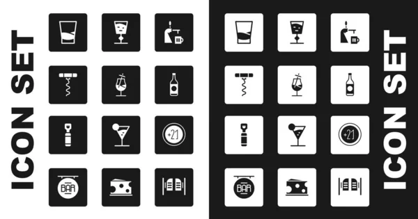 Set Bierhahn mit Glas, Cocktail, Weinkorkenzieher, Wodkaglas, Flasche, Alkohol 21 plus und Flaschenöffner-Symbol. Vektor — Stockvektor