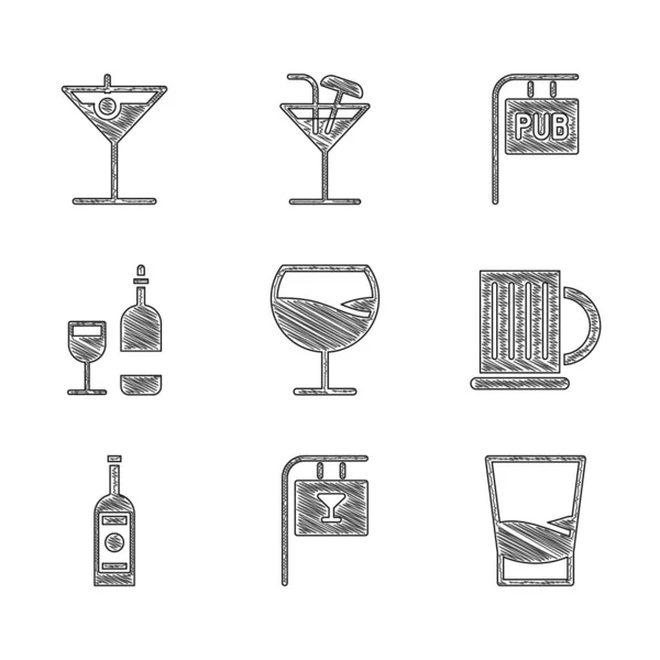 Set Wine glass, street signboard with Bar, Glass of vodka, Wooden beer hrnek, láhev, Pub a Martini icon. Vektor — Stockový vektor
