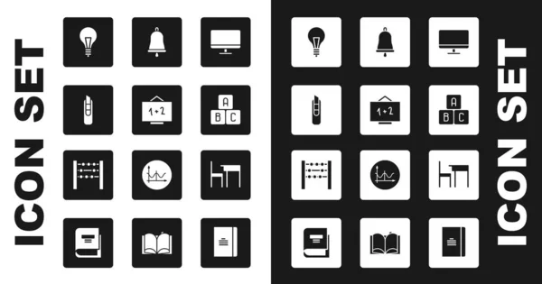 Set Computer monitor screen, Chalkboard, Stationery knife, Light bulb with concept of idea, ABC blocks, Ringing bell, School table and chair and Abacus icon. Vector — стоковий вектор