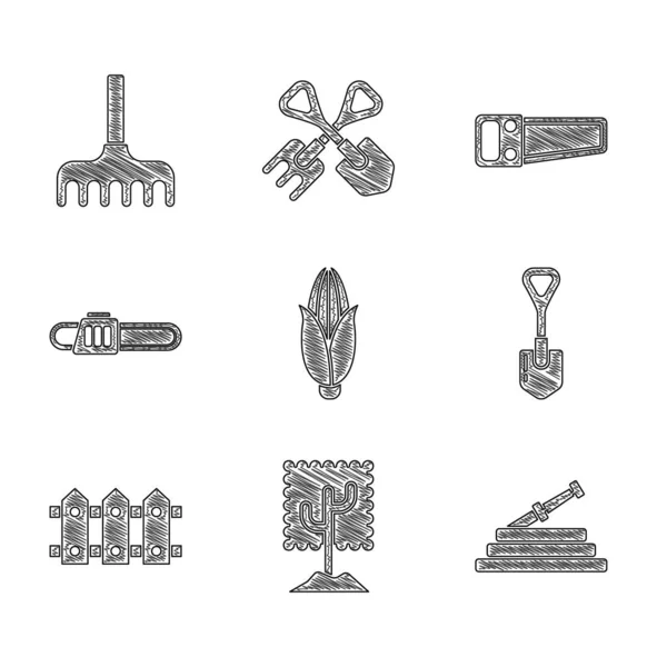 Set Corn, Tree, Garden hose fire hose, Shovel, fence wooden, Chainsaw, Hand and rake icon. Vector — стоковий вектор