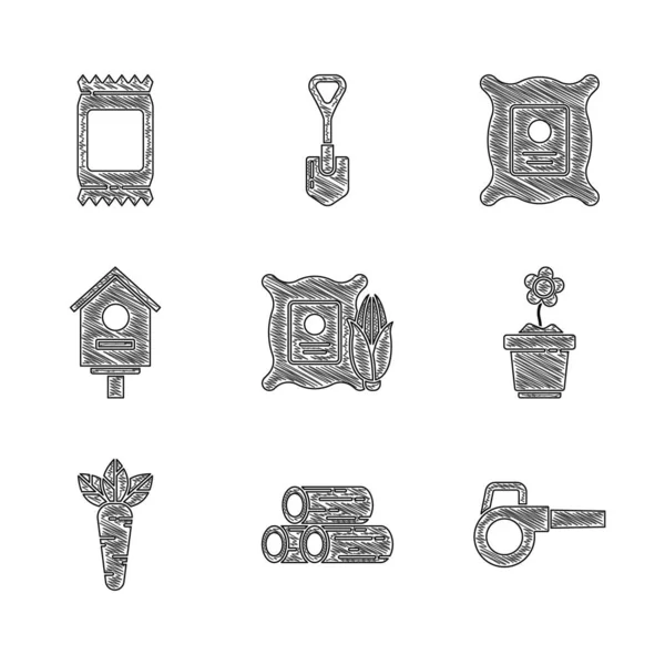 Set Maíz en el saco, Troncos de madera, Soplador de jardín de hojas, Maceta de flores, Zanahoria, Bird house, Pack lleno de semillas de planta e icono de bolsa de fertilizante. Vector — Vector de stock