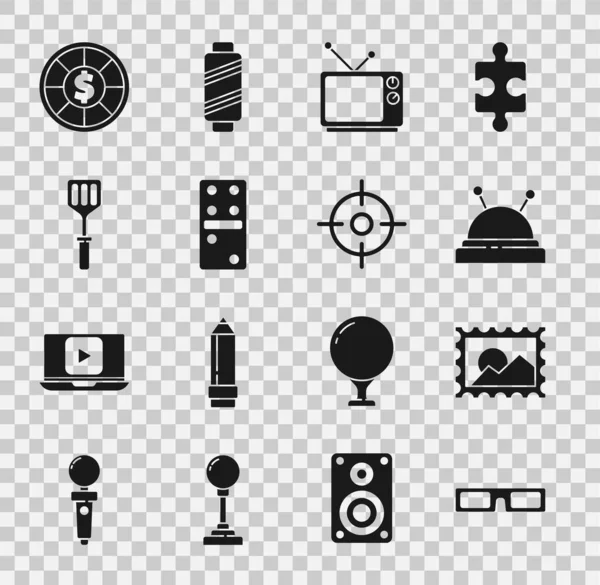 Set Cinema glasses, Postal stamp, Needle bed and needles, Retro tv, Domino, Spatula, Casino chips and Target sport icon. Vector — Stock vektor