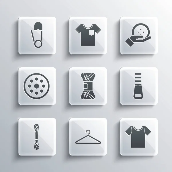 Set Hanger wardrobe, T-shirt, Zipper, Yarn, Sewing button, Safety pin and icon. Vector — Stock Vector