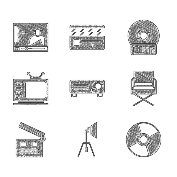 Set Movie, film, media projector, spotlight, CD DVD disk, Director movie chair, clapper, Retro tv, and Online play video icon. Vector — стоковый вектор