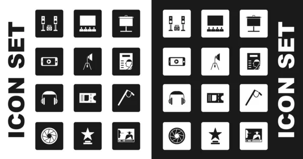 Set Projection screen, Movie spotlight, Online play video, Home stereo with two speakers, Cinema poster, auditorium, Microphone and Headphones icon. Vector — Διανυσματικό Αρχείο