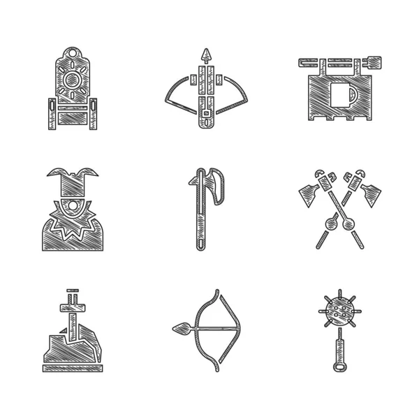 Set Medieval axe, bow and arrow, chained mace ball, Crossed medieval axes, Sword the stone, Joker head, Street signboard with Bar and throne icon. Vector — стоковый вектор