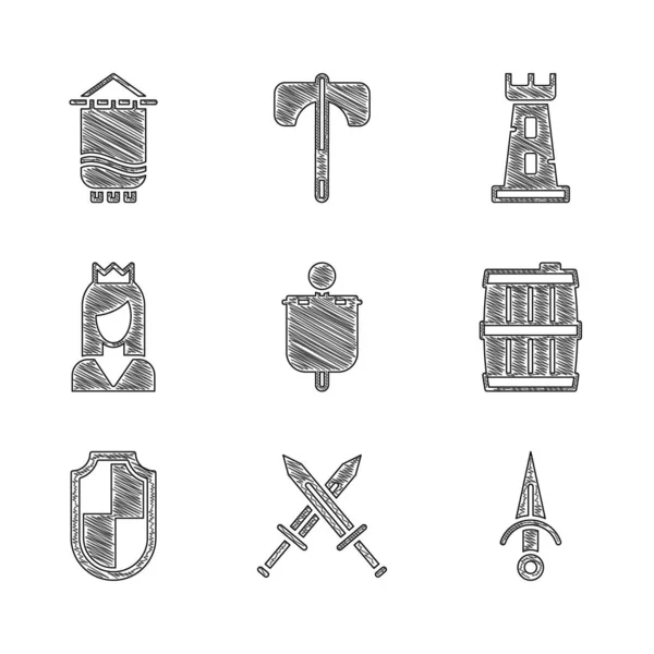 Set Medieval flag, Crossed medieval sword, Dagger, Wooden barrel, Shield, Princess, Castle tower and icon. Vector — Stock vektor