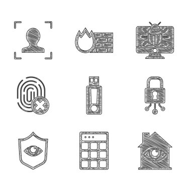 Set USB flash drive, Password protection, House with eye scan, Cyber security, Shield and, Cancelled fingerprint, System bug monitor and Face recognition icon. Vector