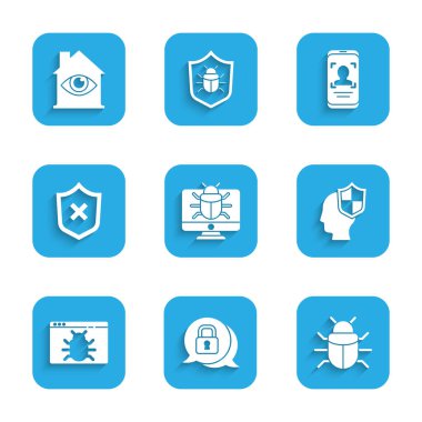 Set System bug on monitor, Cyber security, Head with shield, Shield cross mark, Mobile and face recognition and House eye scan icon. Vector
