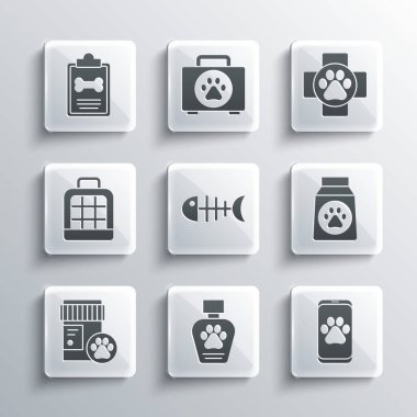 Set Pet shampoo, Veterinary clinic, Bag of food, Fish skeleton, Dog medicine bottle, carry case, Clinical record pet and icon. Vector