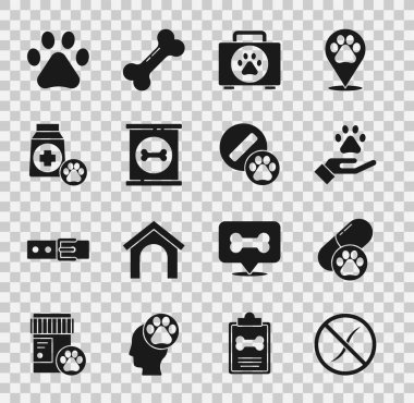 Set Anti worms parasite, Dog pill, Hands with animals footprint, Pet first aid kit, Canned food, Bag of, Paw and icon. Vector