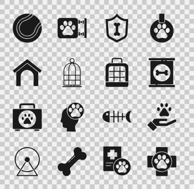 Set Veterinary clinic, Hands with animals footprint, Canned food, Animal health insurance, Cage for birds, Dog house, Tennis ball and Pet carry case icon. Vector