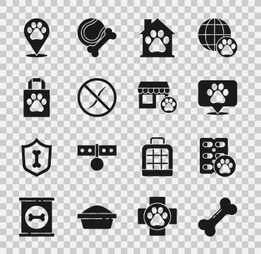 Set Dog bone, pill, Location veterinary, Pet house, Anti worms parasite, Shopping bag pet, and Veterinary hospital icon. Vector