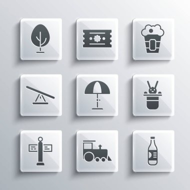 Set Toy train, Bottle of water, Magician hat and rabbit, Sun protective umbrella, Road traffic signpost, Seesaw, Tree and Popcorn box icon. Vector