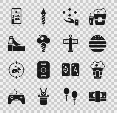 Set Stacks paper money cash, Popcorn in box, Burger, Juggling ball, Ice cream waffle cone, Water slide, Vending machine and Road traffic signpost icon. Vector