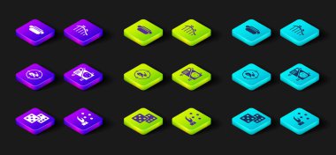 Set Game dice, Juggling ball, Hunt on rabbit with crosshairs, Amusement park billboard, Roller coaster and Hotdog icon. Vector