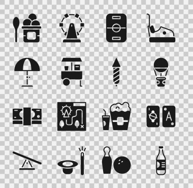 Set Bottle of water, Tarot cards, Hot air balloon, Hockey table, Fast street food cart, Sun protective umbrella, Ice cream in bowl and Firework rocket icon. Vector
