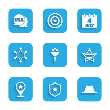 Set Torch flame, Police badge, Man hat with ribbon, USA Independence day, Hexagram sheriff, Calendar date July 4 and label icon. Vector