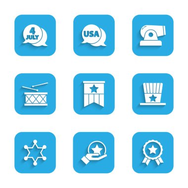 Set American flag, USA Independence day, Medal with star, Patriotic top hat, Hexagram sheriff, Drum and drum sticks, Cannon and icon. Vector