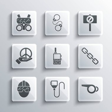 Set Walkie talkie, Whistle, Chain link, Special forces soldier, Peace, Gas mask and Protest icon. Vector