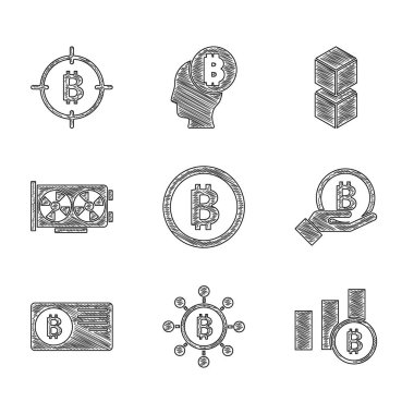 Bitcoin, Blockchain teknolojisi, Pie grafiksel bitcoin, el ele tutuşmalar, kredi kartı, Video ve hedef simgesi. Vektör