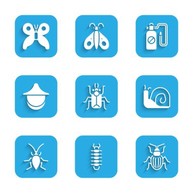 Böcek, Çıyan Böceği, Çıyan Böceği, Salyangoz, Hamamböceği, Arıcı şapkası, Basınç spreyi ve Kelebek ikonu. Vektör