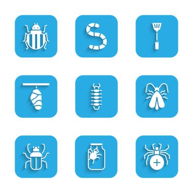 Çıyan 'ı, kavanozdaki örümceği, güveyi, kokmuş böceği, kelebek kozasını, sinek sineğini ve Colorado böceği ikonunu hazırla. Vektör