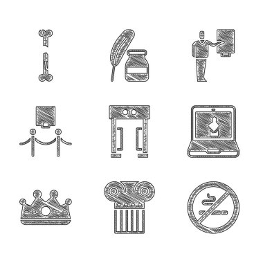 Metal dedektörü, Eskiler sütunu sigara içilmez, çevrimiçi müze, King Crown, resim ve ip bariyeri, müze rehberi ve kırık kemik ikonu. Vektör