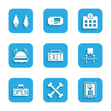 Çıkış levhası, çapraz insan kemikleri, müzede portre, resim ve ip bariyeri, Açık Viking boynuzlu miğferiyle asılı, Bilgi ve Taş Devri ok kafa ikonu. Vektör