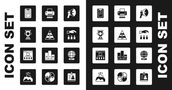 Setzen Sie Megaphon, Pyramidendiagramm-Infografiken, Preisbecher, Zwischenablage mit Checkliste, Boss-Mitarbeiter, Drucker, Weltweit und Browser-Dateien-Symbol. Vektor — Stockvektor