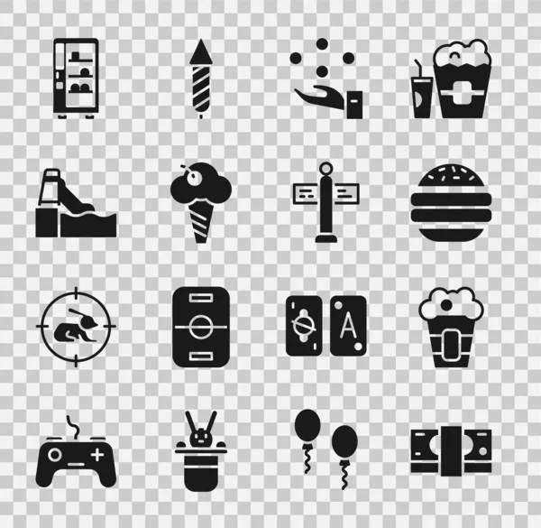 Set Stacks paper money cash, Popcorn in box, Burger, Juggling ball, Ice cream waffle cone, Water slide, Vending machine and Road traffic signpost icon. Vector — Stock vektor