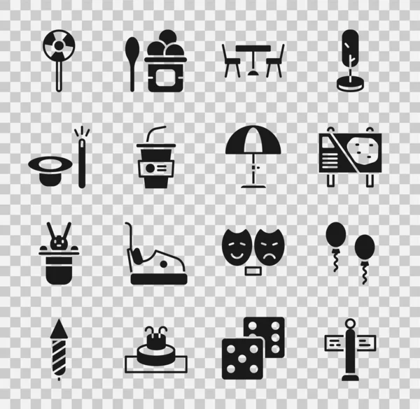 Set Road traffic signpost, Balloons, Amusement park billboard, Picnic table with chairs, Paper glass water, Magic hat and wand, Lollipop and Sun protective umbrella icon. Vector — Διανυσματικό Αρχείο