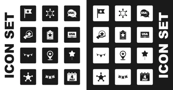 Set EE.UU. etiqueta, Día de la Independencia, bandera americana, en el ordenador portátil, Hexagram sheriff, Globo y Carnaval guirnalda con banderas icono. Vector — Vector de stock