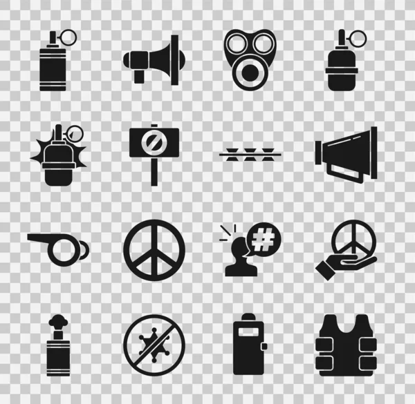 Set Bulletproof vest, Peace, Megaphone, Gas mask, Protest, Hand grenade, and Barbed wire icon. Vector