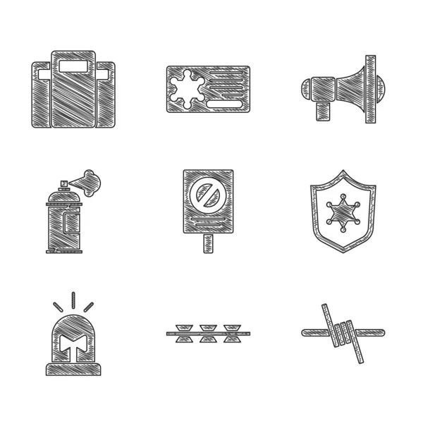 Set Protest, Barbed wire, Police badge, Flasher siren, Paint spray can, Megaphone 및 assault shield icon. Vector — 스톡 벡터