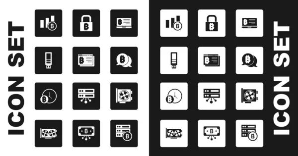 Set Mining Bitcoin von Laptop, Bitcoin-Browser, USB-Stick, Tortendiagramm-Infografik, Schloss mit, Grafikkarte und Uhr-Symbol. Vektor — Stockvektor