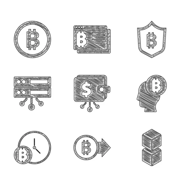 Kripto para birimi cüzdanı, Bitcoin, Blockchain teknolojisi, saat, sunucu, Shield bitcoin ve simge ile ayarlayın. Vektör