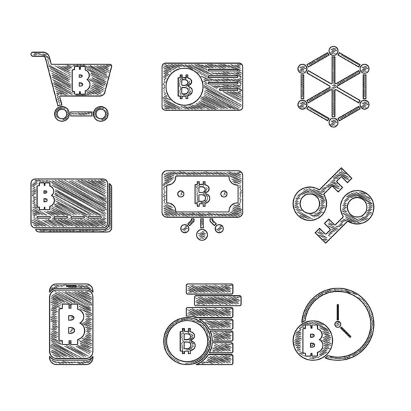 Devre, saat, kripto para anahtarı, cep telefonundan madencilik bitcoin, kredi kartı, engelleme zinciri teknolojisi ve alışveriş arabası ikonu ile Bitcoin ayarlayın. Vektör