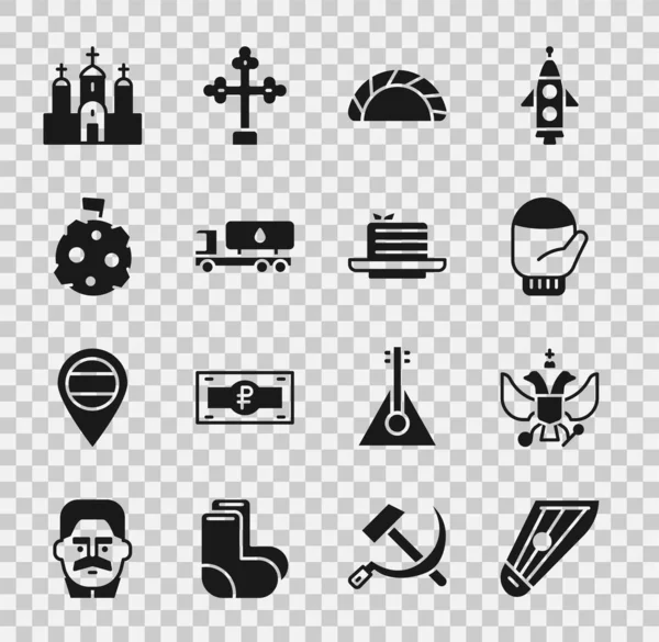 Set Kankles, Rusya 'nın ulusal amblemi, Noel eldiveni, Dumpling, Tanker kamyonu, bayraklı ay, kilise binası ve Medovik ikonu. Vektör — Stok Vektör