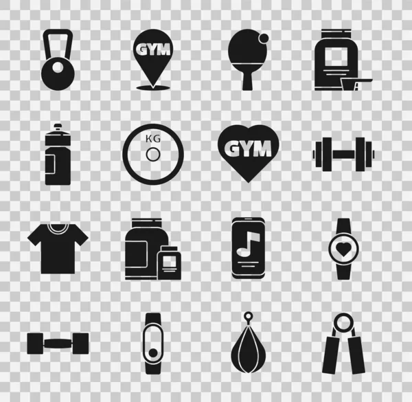 Set Sport expander, Smartwatch, Dumbbell, Racket ball, Weight plate, Fitness shaker, Kettlebell and gym heart icon. Vector — стоковый вектор