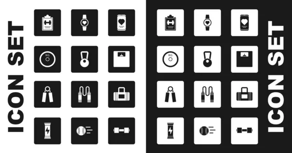 Set Mobile mit Herzfrequenz, Kettlebell, Hantelscheibe, Sport-Trainingsprogramm, Badezimmerwaage, Smartwatch, Tasche und Expander-Symbol. Vektor — Stockvektor